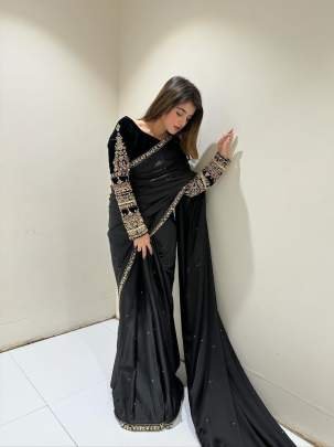 Black Party Wear Heavy Moti Work Pure Velvet Saree