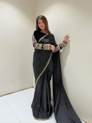 Black Party Wear Heavy Moti Work Pure Velvet Saree