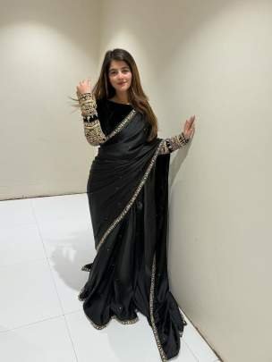 Black Party Wear Heavy Moti Work Pure Velvet Saree