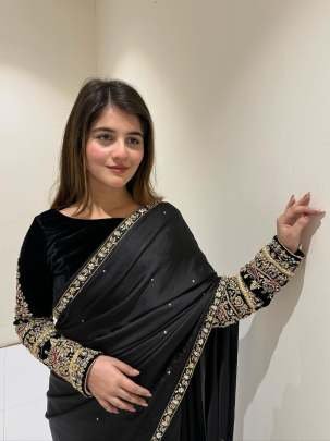 Black Party Wear Heavy Moti Work Pure Velvet Saree