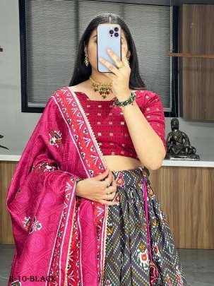 Black Patola And Bandhani Print Tussar Silk Lehenga Choli With Pink Blouse