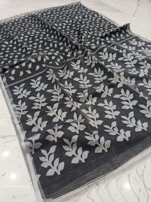 Black Pearl Print Jharapata Muslin Cotton Soft Jamdani Saree