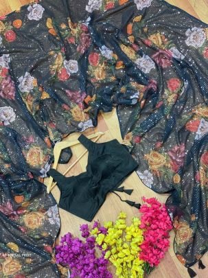 Black Premium Georgette Fabric Digital Print Saree