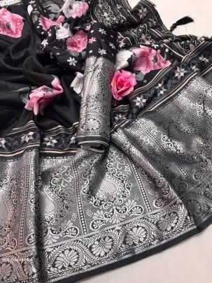 Black Printed Pure Soft Tussar Satin Silk Saree With Tassels
