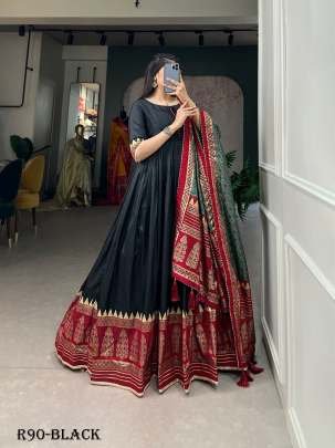 Black Readymade Foil Printed Tussar Silk Gown With Dupatta
