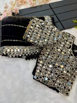 Black Real Mirror Work Border Saree With Stitched Blouse