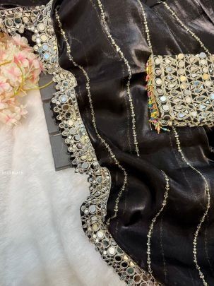Black Real Mirror Work Border Saree With Stitched Blouse