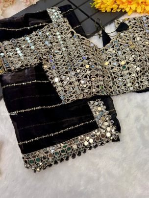 Black Real Mirror Work Border Saree With Stitched Blouse