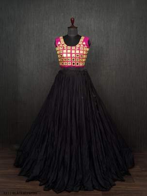 Black Real Mirror Work Rayon Navratri Lehenga Choli With Pink Blouse