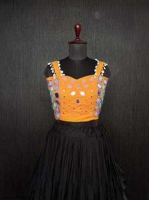 Black Real Mirror Work Rayon Navratri Lehenga Choli With Yellow Blouse