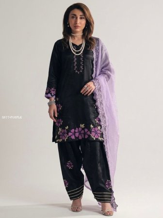 Black Roman Silk Kurta Set with Embroidery And Farsi Pant