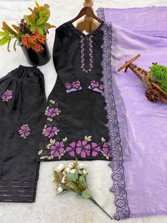 Black Roman Silk Kurta Set with Embroidery And Farsi Pant