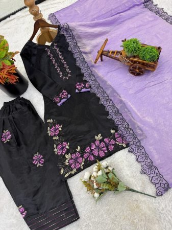 Black Roman Silk Kurta Set with Embroidery And Farsi Pant