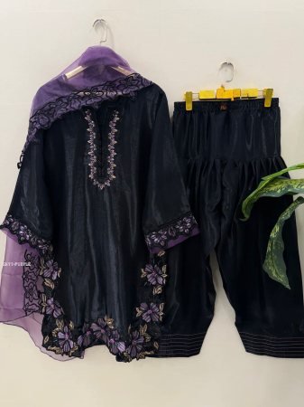 Black Roman Silk Kurta Set with Embroidery And Farsi Pant