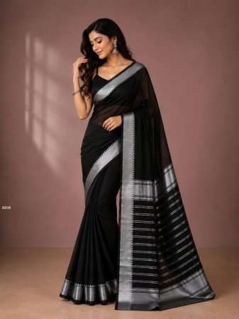 Black Saree With Silver Jacquard  Border And Striped Pallu 