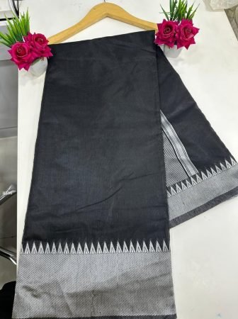 Black Saree With Silver Jacquard  Border And Striped Pallu