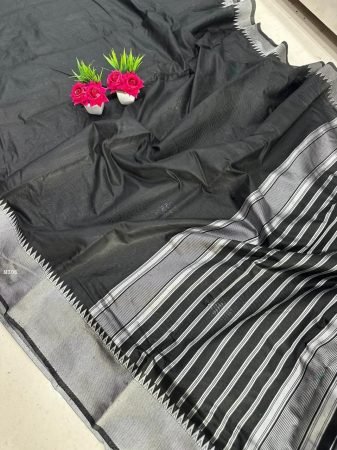 Black Saree With Silver Jacquard  Border And Striped Pallu