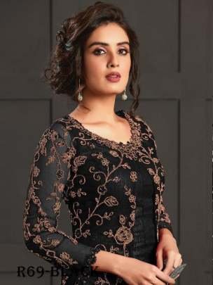 Black Sequence Work Pakistani Semi Stitched Net Koti Suits
