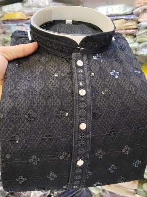 Black Sequence Work Rayon Kurta And Pyjama