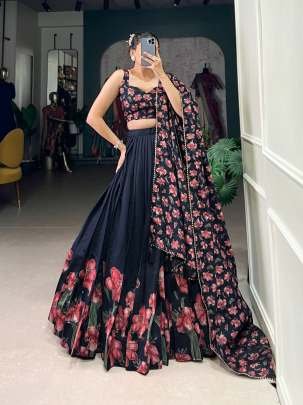 Party Wear Black Flower Print Lehenga Choli