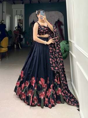 Party Wear Black Flower Print Lehenga Choli