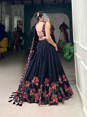 Party Wear Black Flower Print Lehenga Choli