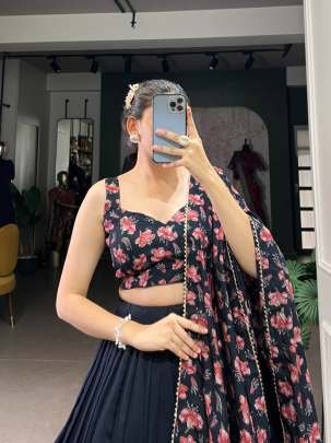 Party Wear Black Flower Print Lehenga Choli