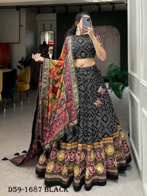 Black Tussar Silk Lehenga with Bandhej Print and Foil Work