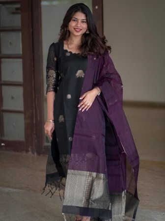 Black Art Silk Kurta Set With Beautiful Purple Dupatta