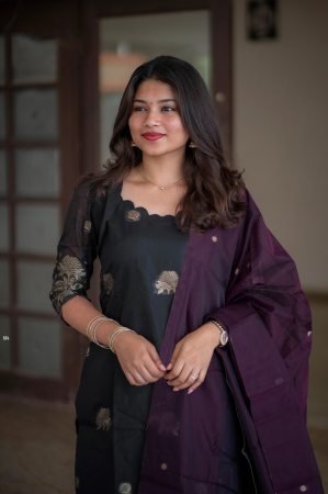 Black Art Silk Kurta Set With Beautiful Purple Dupatta