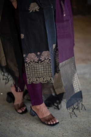 Black Art Silk Kurta Set With Beautiful Purple Dupatta