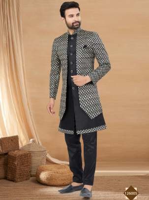 Black Wedding Wear Heavy Art Silk Embroidery Indo western