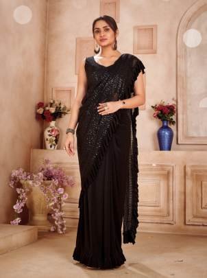 Blazing Black Ready To Wear Saree with Sequence Blouse 108152 D