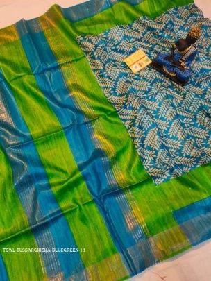 Blue and Green Screen Printed Original Tussar Ghicha Silk Saree 11