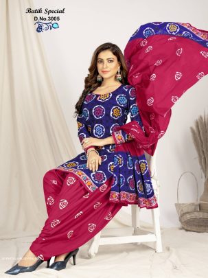 Blue and Pink Pure Cotton Readymade Printed Patiala Suits