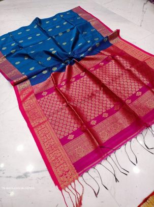 Blue And Pink Wedding Pure Muslin Banarasi Saree