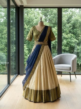 Blue And White Combination Silk Lehenga Saree