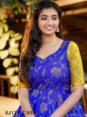 Blue And Yellow Silk  Digital Print  Anarkali Gown