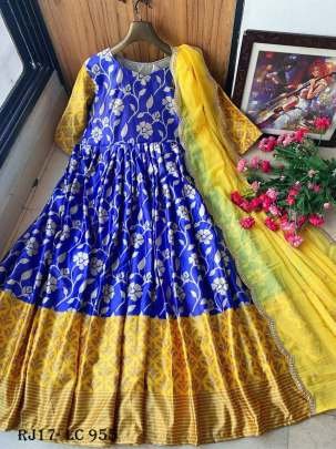 Blue And Yellow Silk  Digital Print  Anarkali Gown