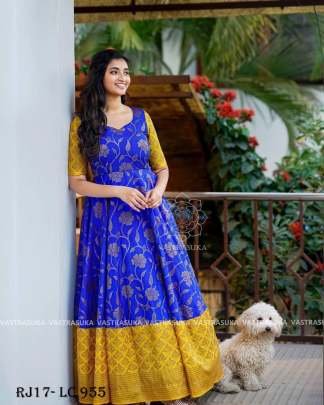 Blue And Yellow Silk  Digital Print  Anarkali Gown