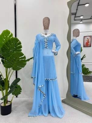 Blue Attractive Real Mirror And Sequence Work Georgette Plazo Suits