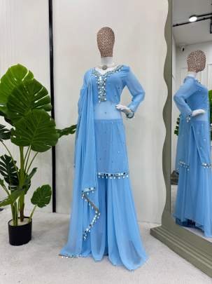 Blue Attractive Real Mirror And Sequence Work Georgette Plazo Suits