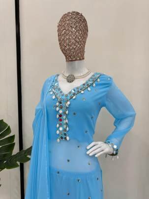 Blue Attractive Real Mirror And Sequence Work Georgette Plazo Suits