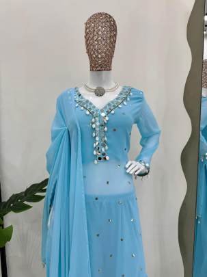 Blue Attractive Real Mirror And Sequence Work Georgette Plazo Suits