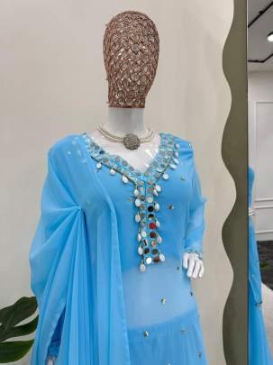Blue Attractive Real Mirror And Sequence Work Georgette Plazo Suits