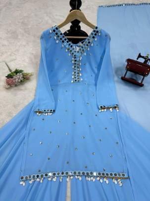 Blue Attractive Real Mirror And Sequence Work Georgette Plazo Suits