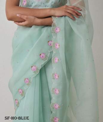 Blue Beautiful Handcraft Organza Saree With Silk Blouse