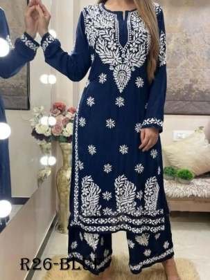 Blue Chain Stich Work Heavy Rayon Kurtis