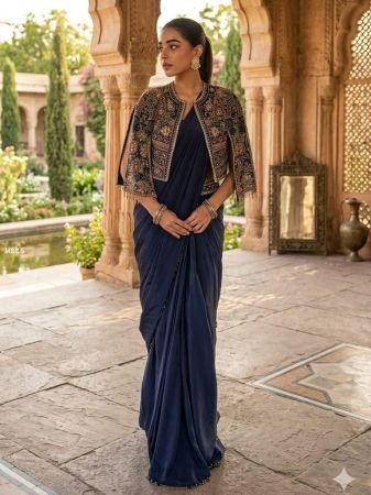 Blue Chinnon Silk Ready To Wear Saree With Jacket 