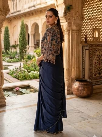 Blue Chinnon Silk Ready To Wear Saree With Jacket